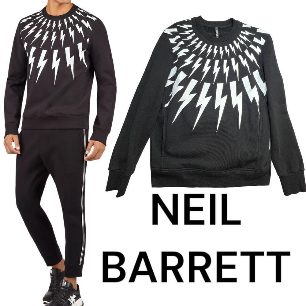 NEIL BARRETT Fair-Isle Thunderbolt Sweatshirt Slim Fit Regular Length XS BLACK